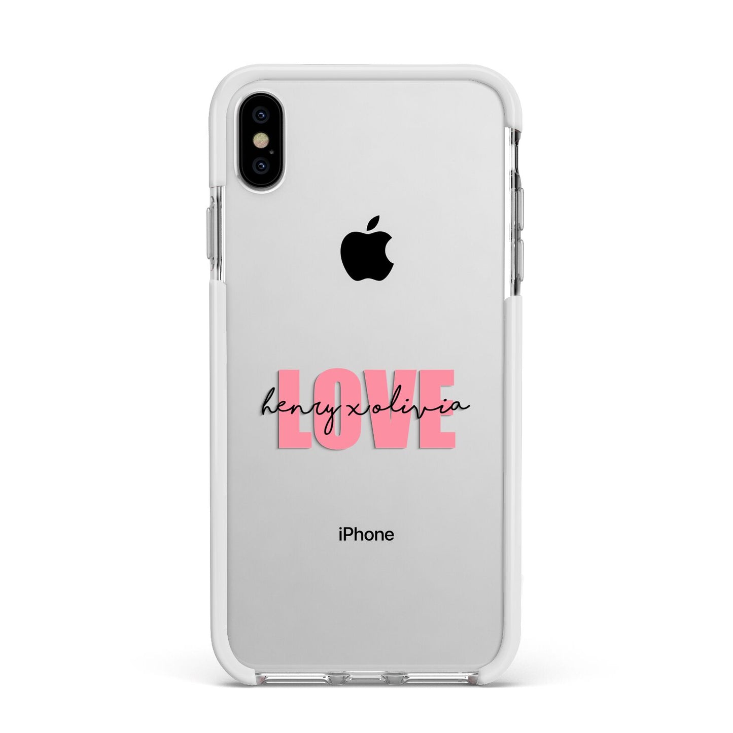 Couples Personalised Love Apple iPhone Xs Max Impact Case White Edge on Silver Phone