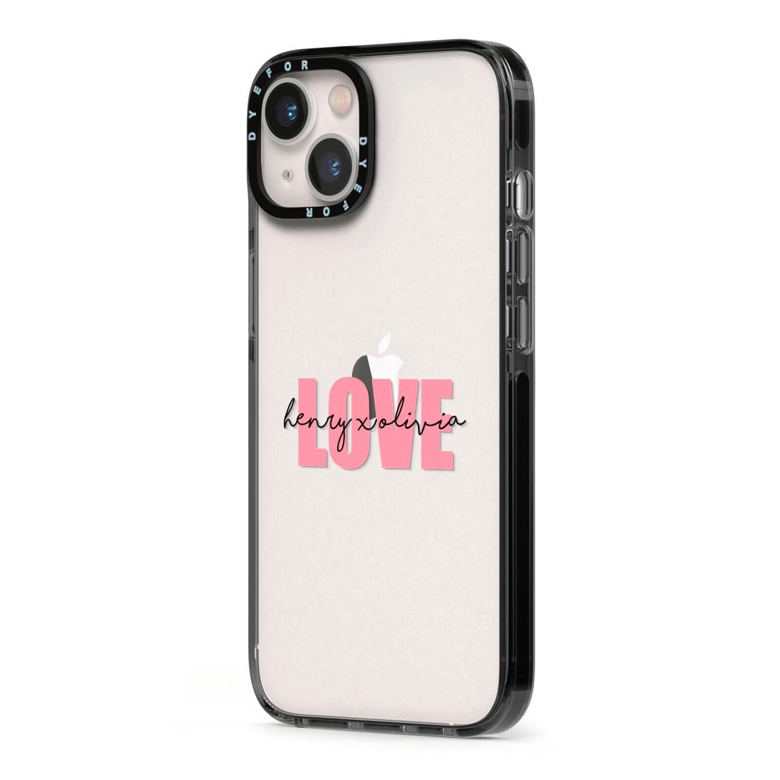 Couples Personalised Love iPhone 13 Black Impact Case Side Angle on Silver phone