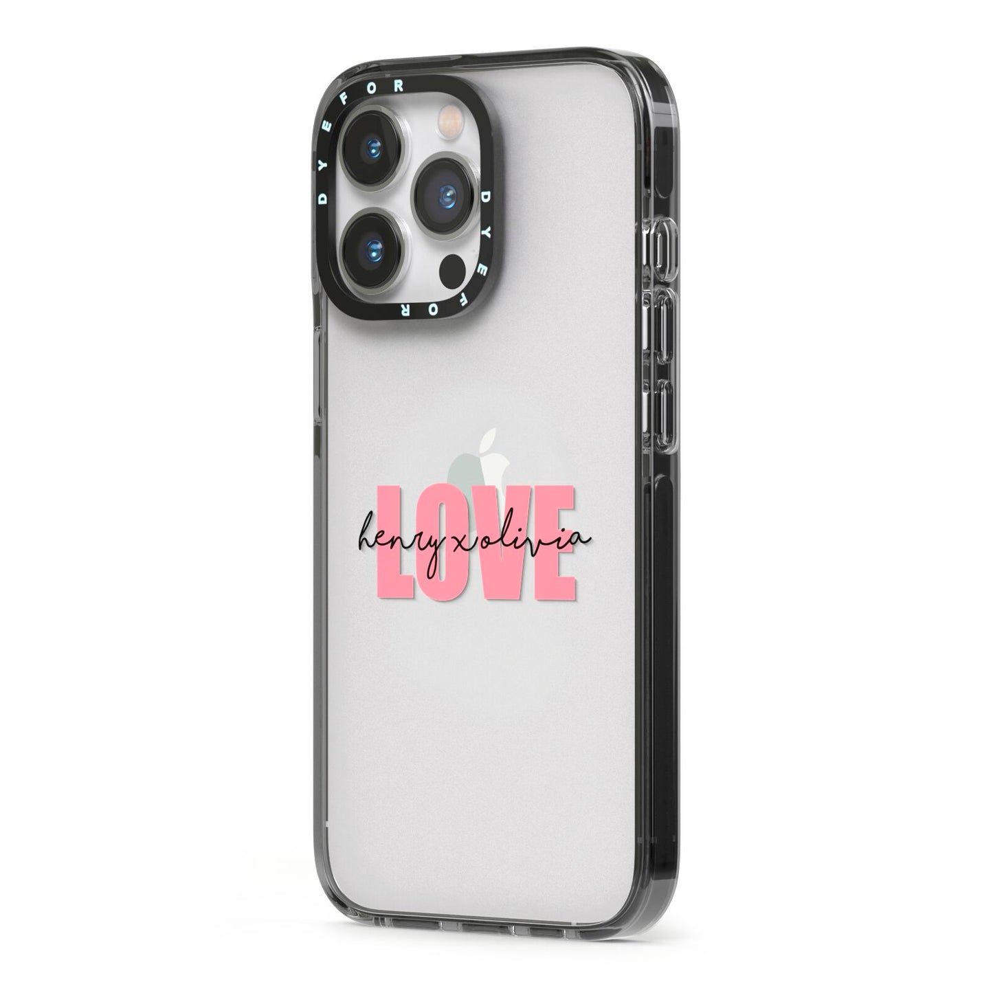 Couples Personalised Love iPhone 13 Pro Black Impact Case Side Angle on Silver phone