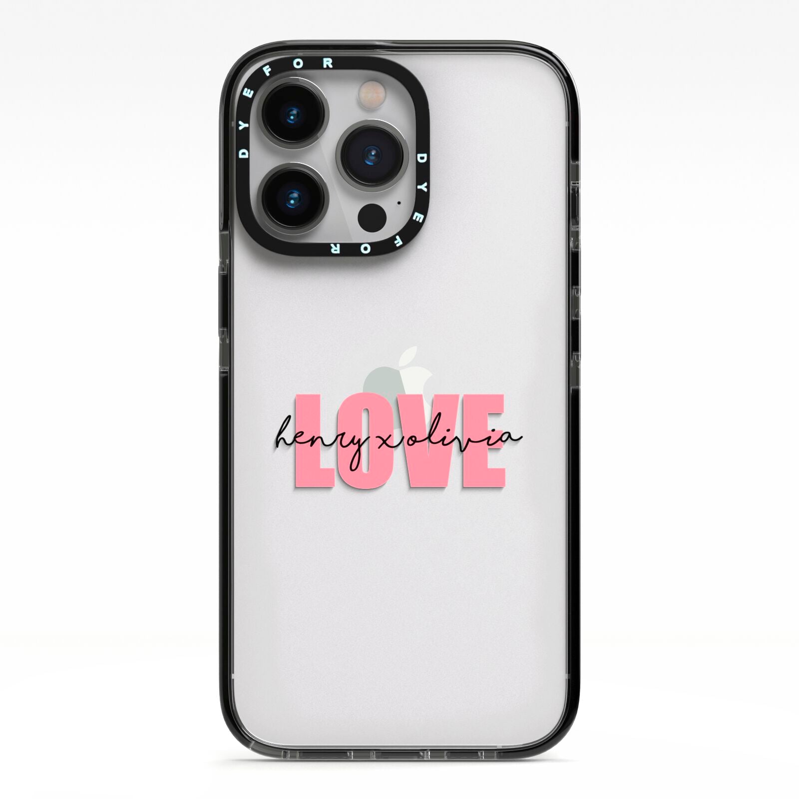 Couples Personalised Love iPhone 13 Pro Black Impact Case on Silver phone