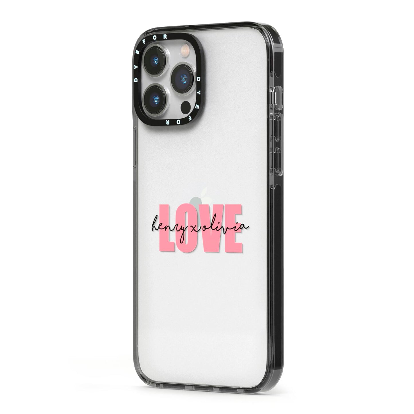 Couples Personalised Love iPhone 13 Pro Max Black Impact Case Side Angle on Silver phone