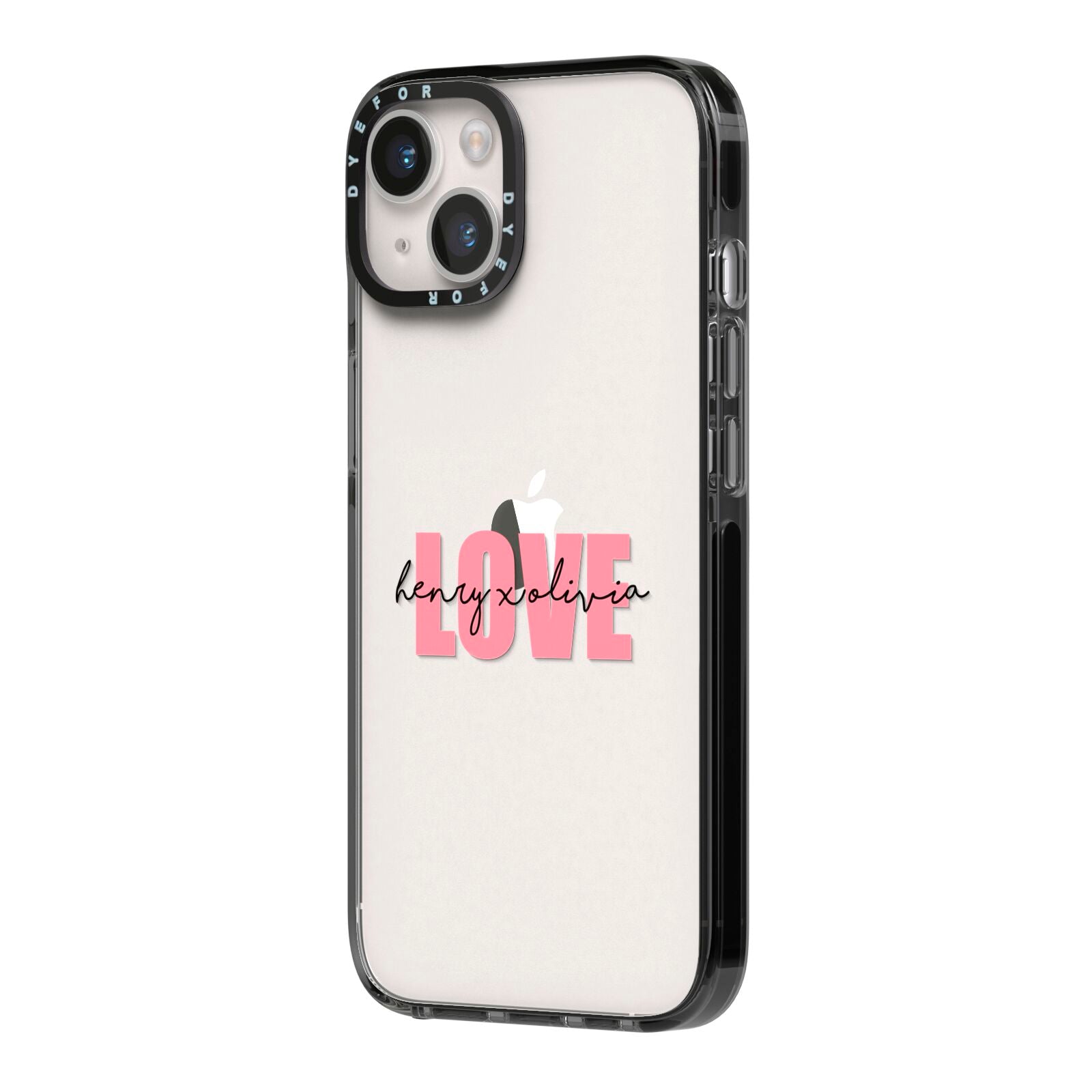 Couples Personalised Love iPhone 14 Black Impact Case Side Angle on Silver phone