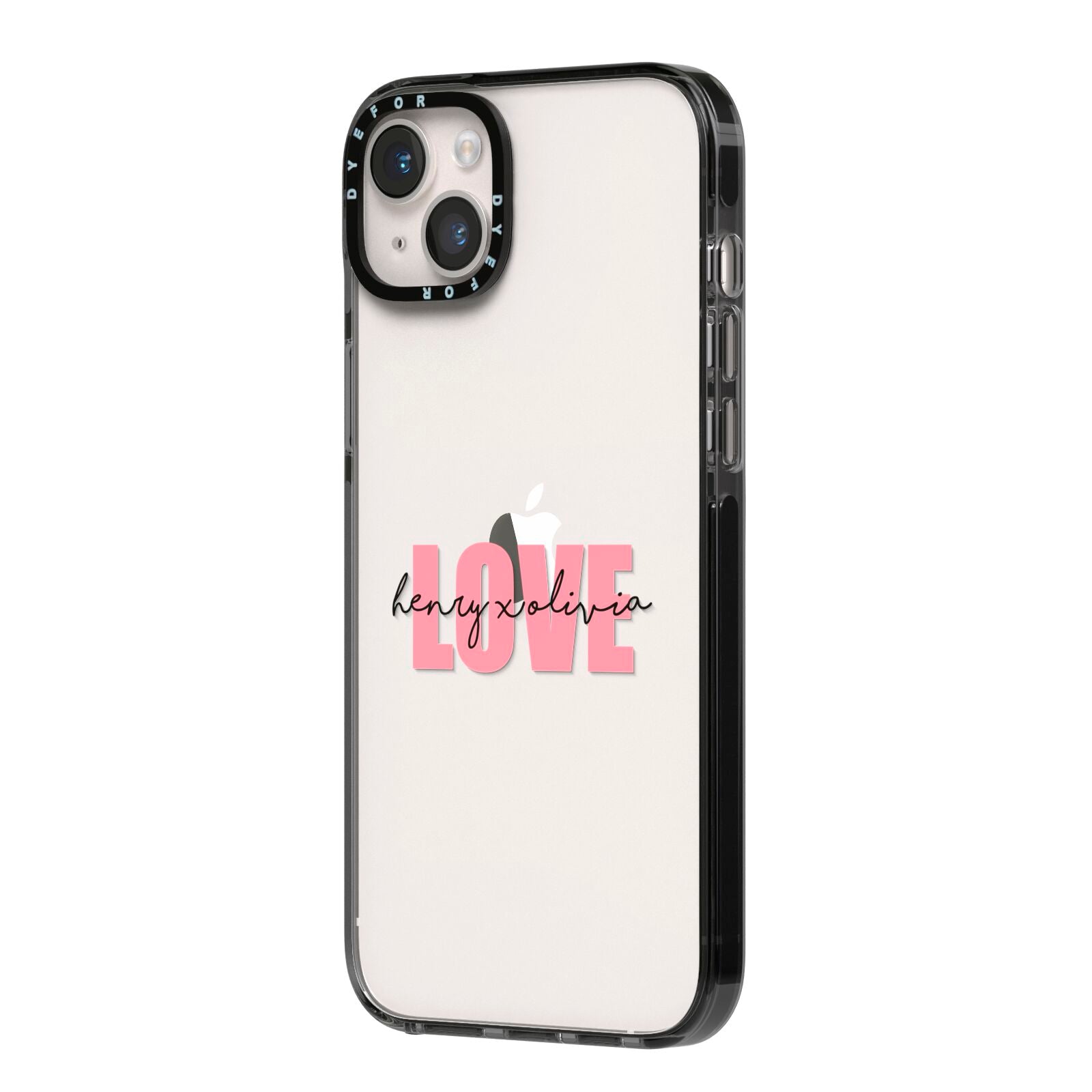 Couples Personalised Love iPhone 14 Plus Black Impact Case Side Angle on Silver phone