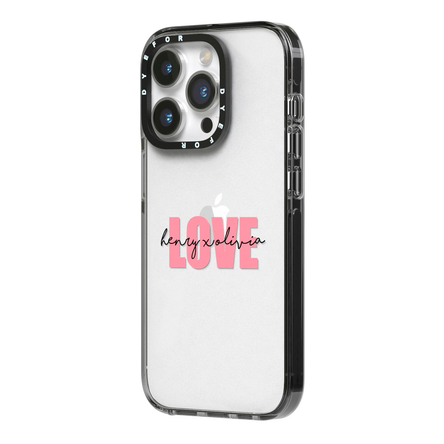 Couples Personalised Love iPhone 14 Pro Black Impact Case Side Angle on Silver phone