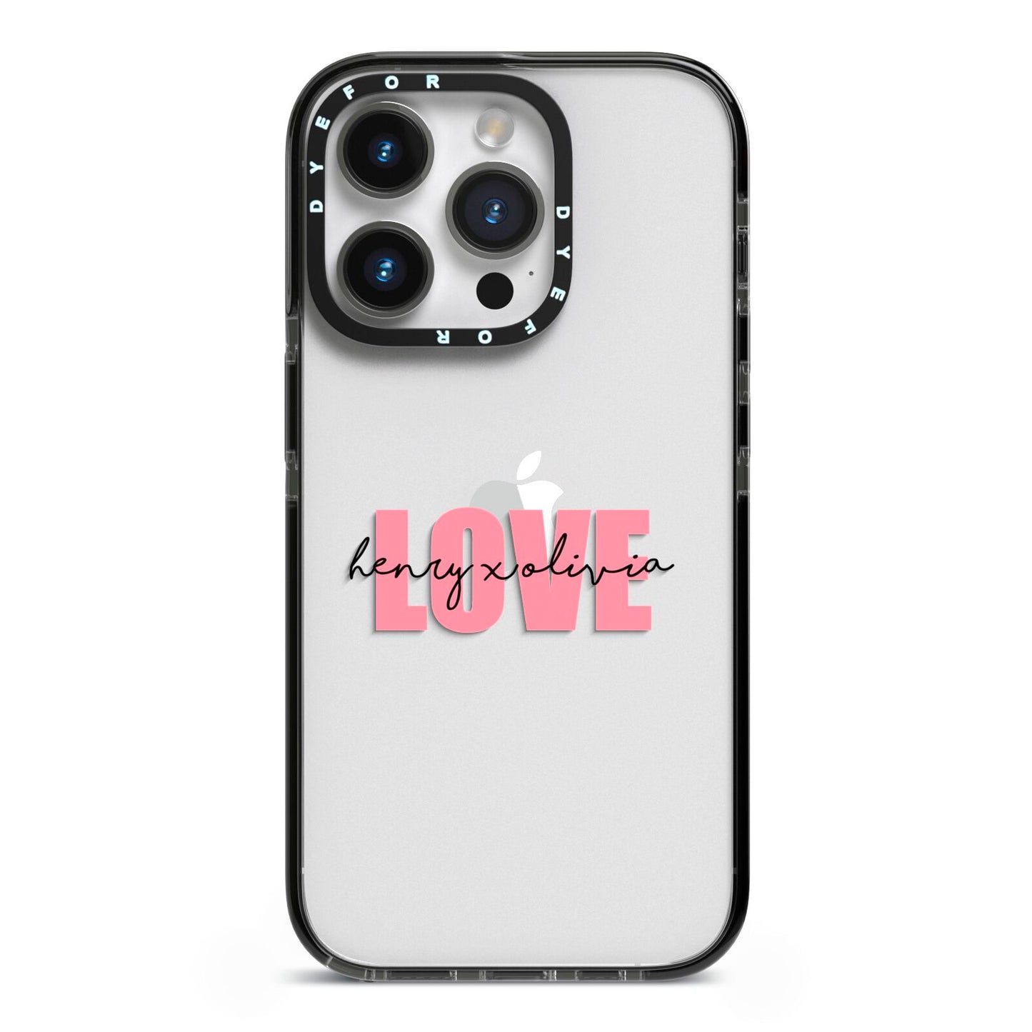 Couples Personalised Love iPhone 14 Pro Black Impact Case on Silver phone