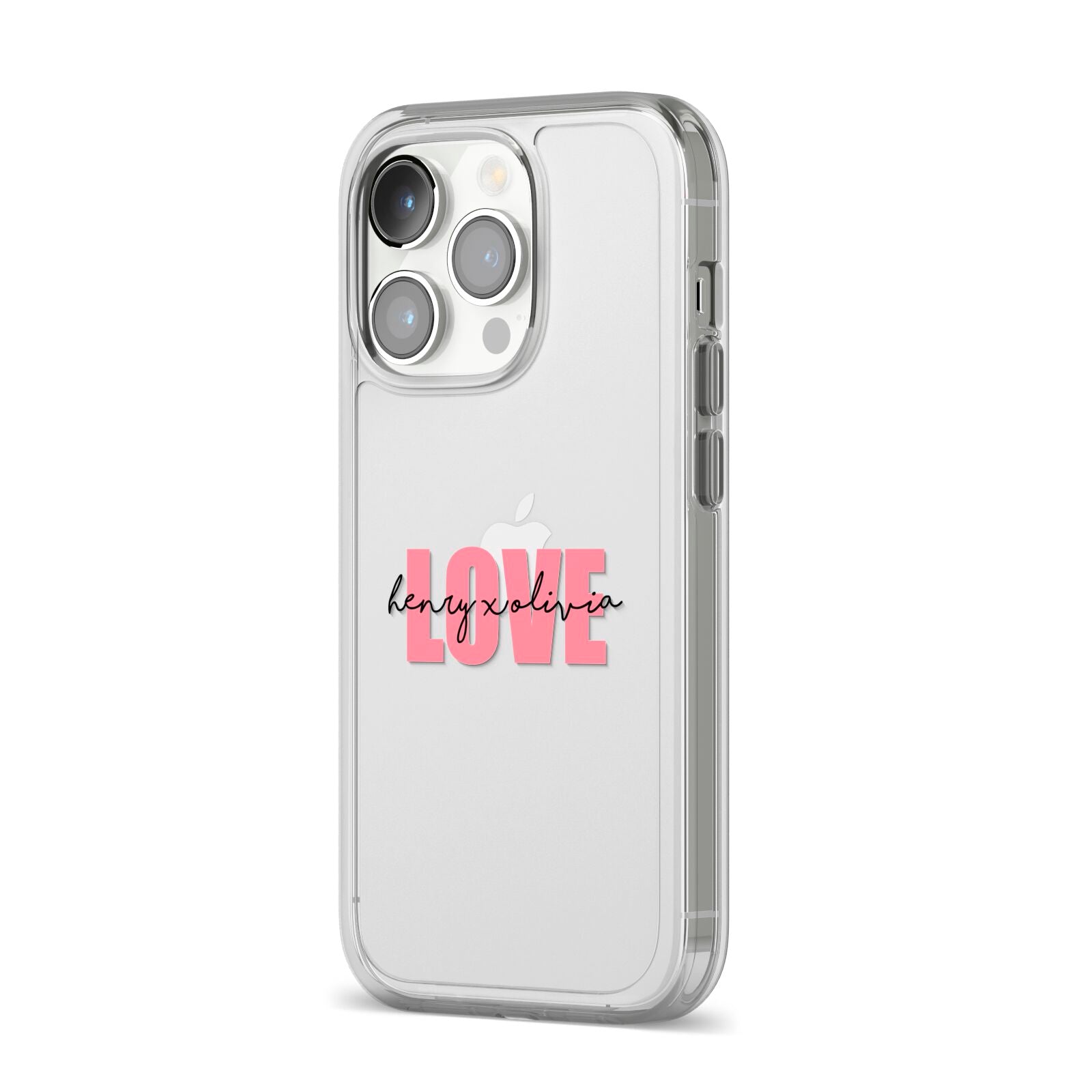 Couples Personalised Love iPhone 14 Pro Clear Tough Case Silver Angled Image