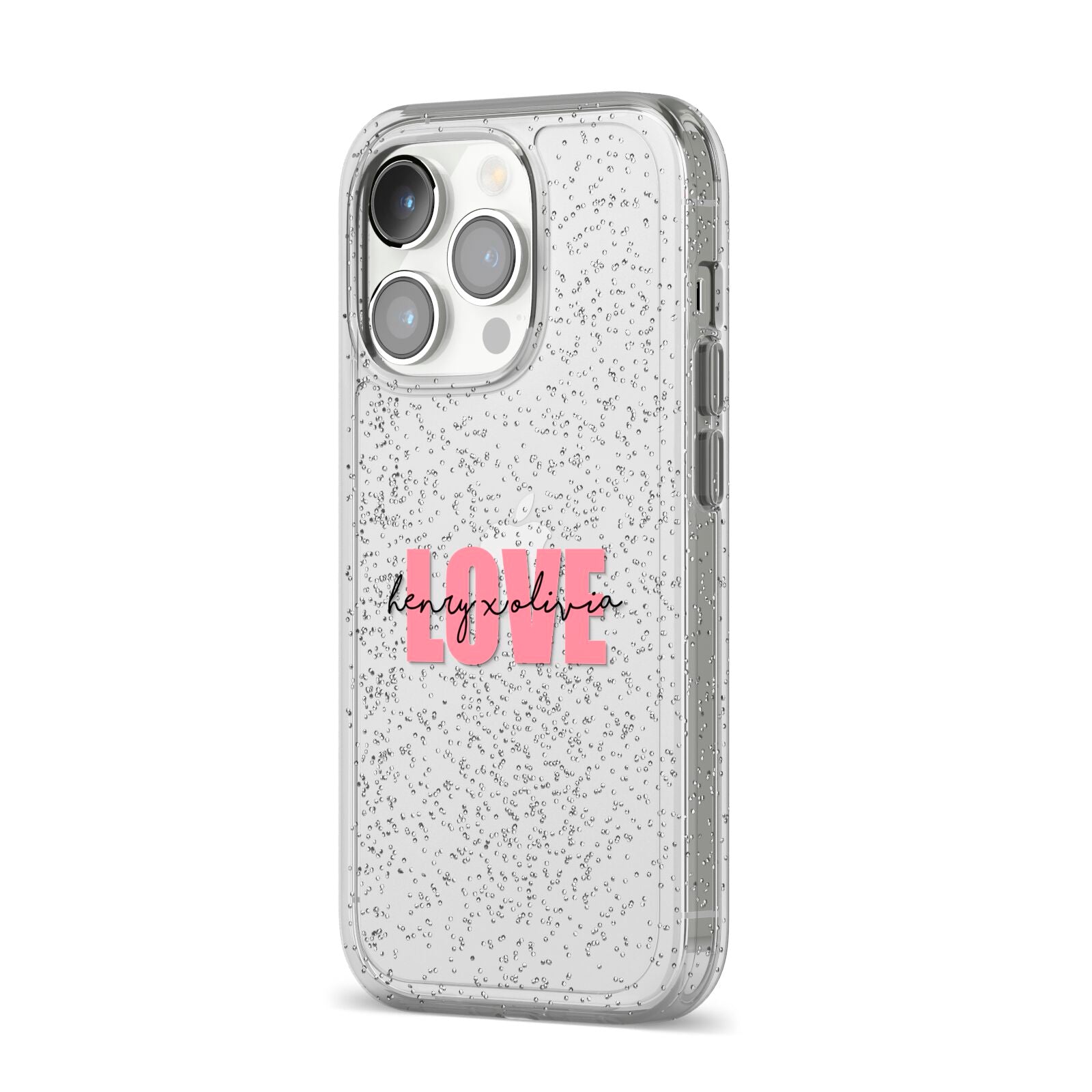 Couples Personalised Love iPhone 14 Pro Glitter Tough Case Silver Angled Image