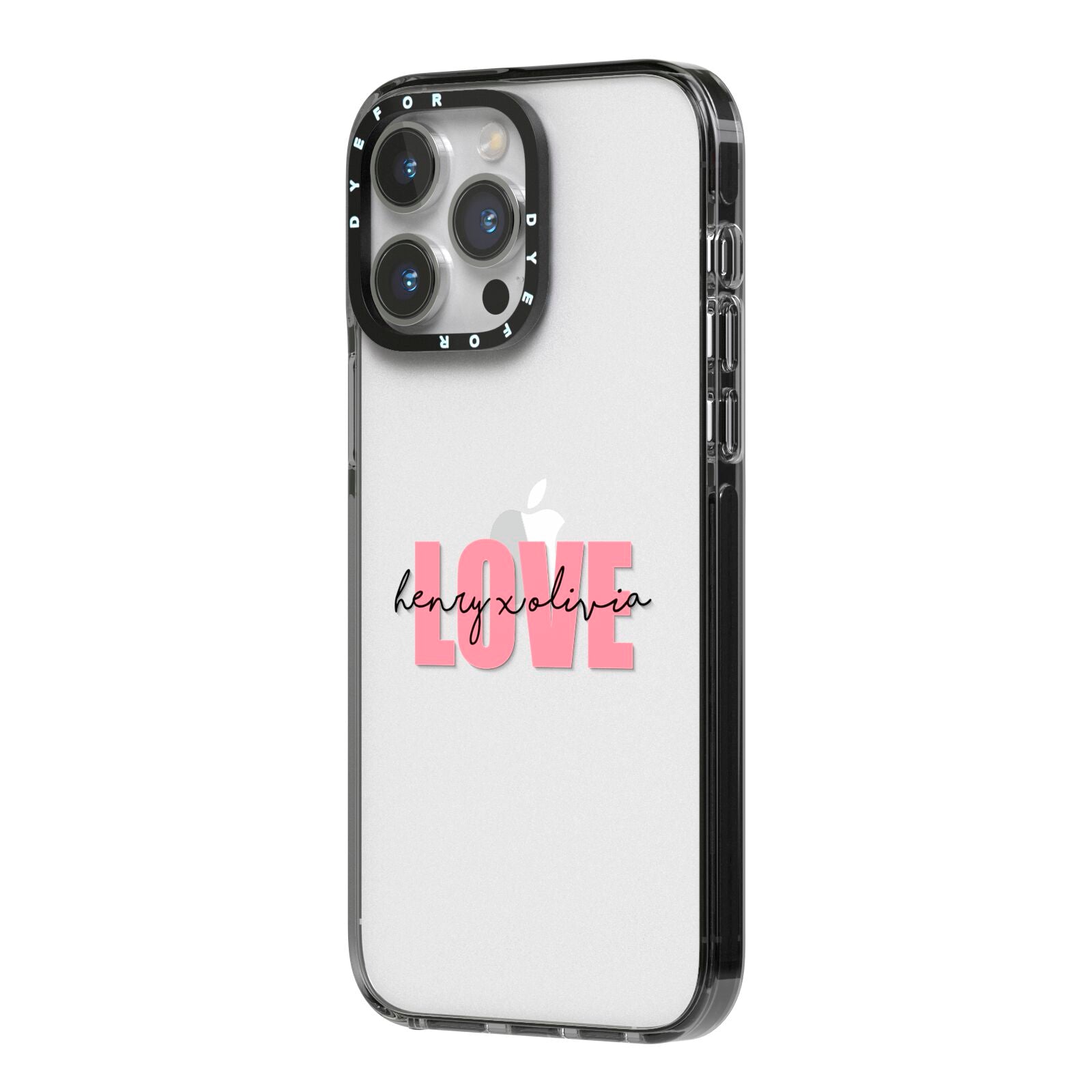 Couples Personalised Love iPhone 14 Pro Max Black Impact Case Side Angle on Silver phone