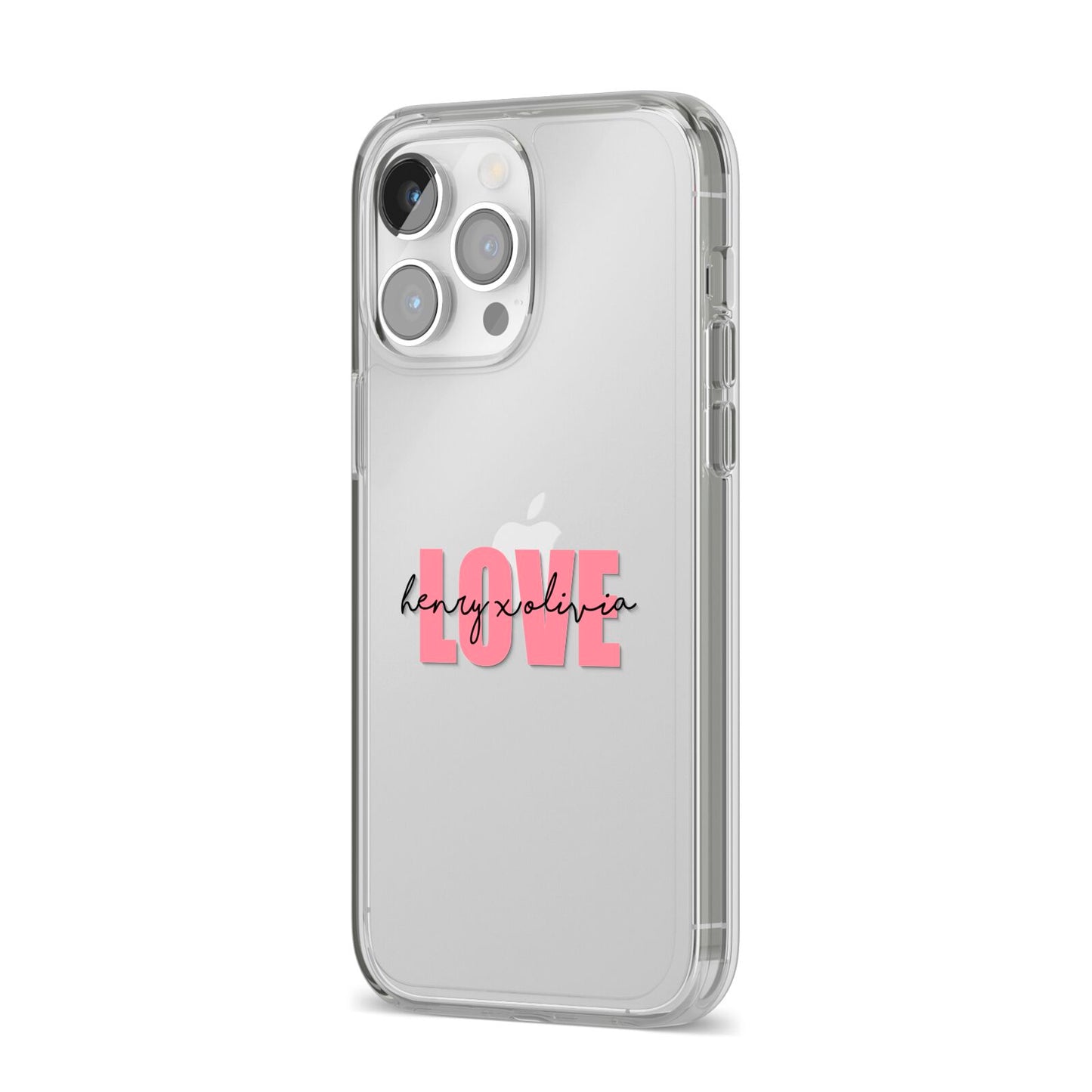 Couples Personalised Love iPhone 14 Pro Max Clear Tough Case Silver Angled Image