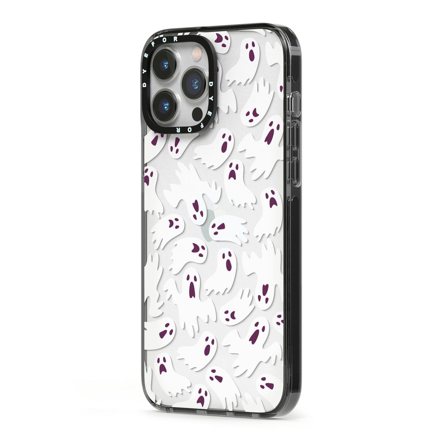 Crowd of Ghosts with Transparent Background iPhone 13 Pro Max Black Impact Case Side Angle on Silver phone