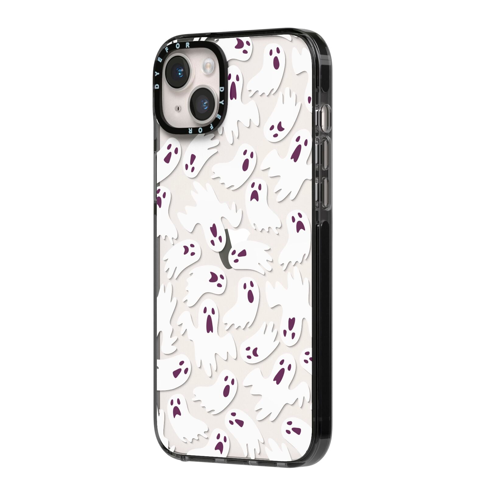 Crowd of Ghosts with Transparent Background iPhone 14 Plus Black Impact Case Side Angle on Silver phone