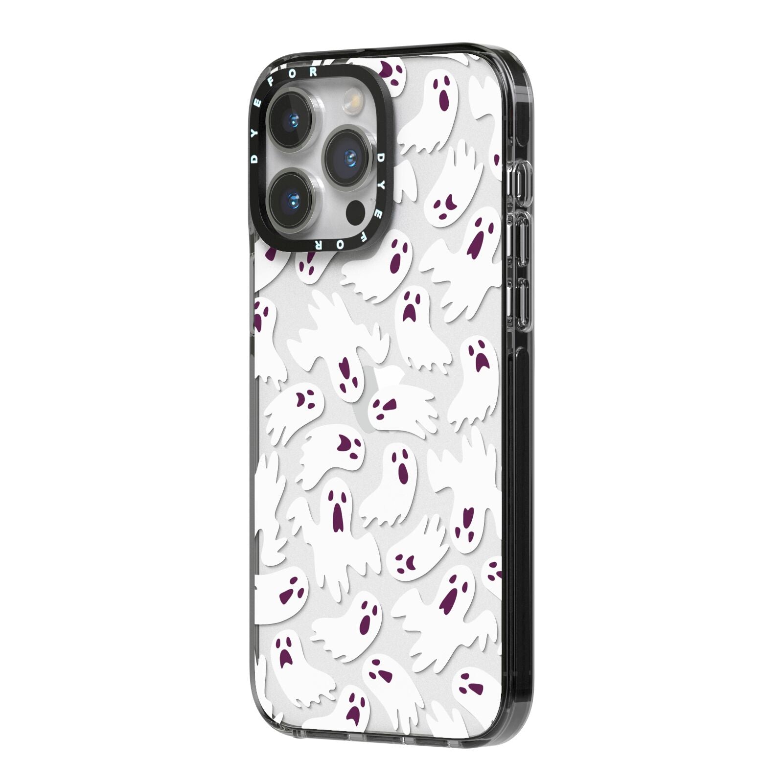 Crowd of Ghosts with Transparent Background iPhone 14 Pro Max Black Impact Case Side Angle on Silver phone