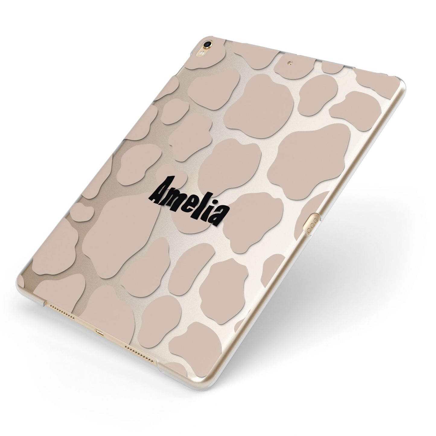 Custom Beige Cow Print Apple iPad Case on Gold iPad Side View