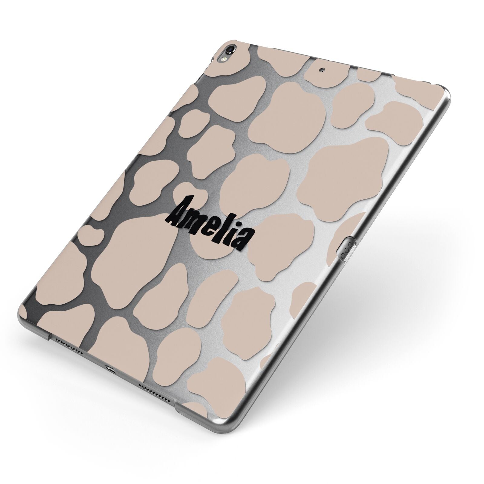 Custom Beige Cow Print Apple iPad Case on Grey iPad Side View