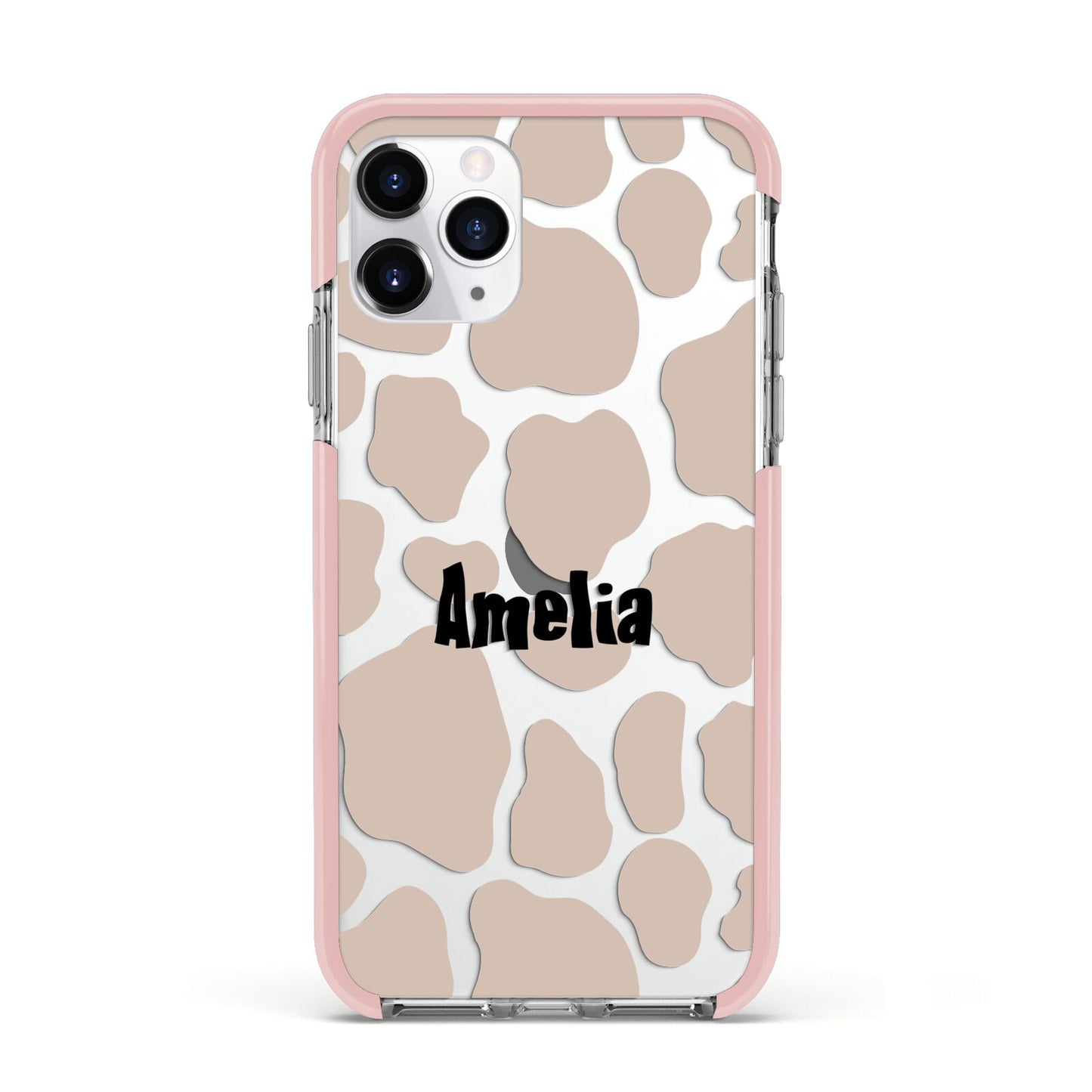 Custom Beige Cow Print Apple iPhone 11 Pro in Silver with Pink Impact Case