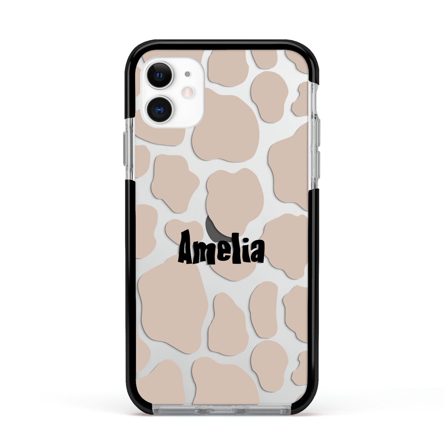 Custom Beige Cow Print Apple iPhone 11 in White with Black Impact Case