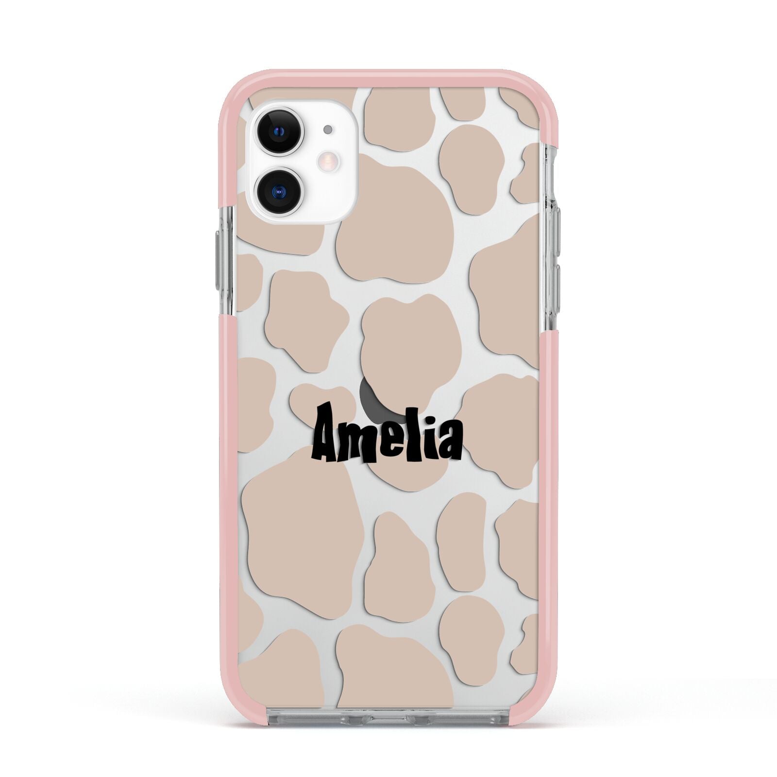 Custom Beige Cow Print Apple iPhone 11 in White with Pink Impact Case