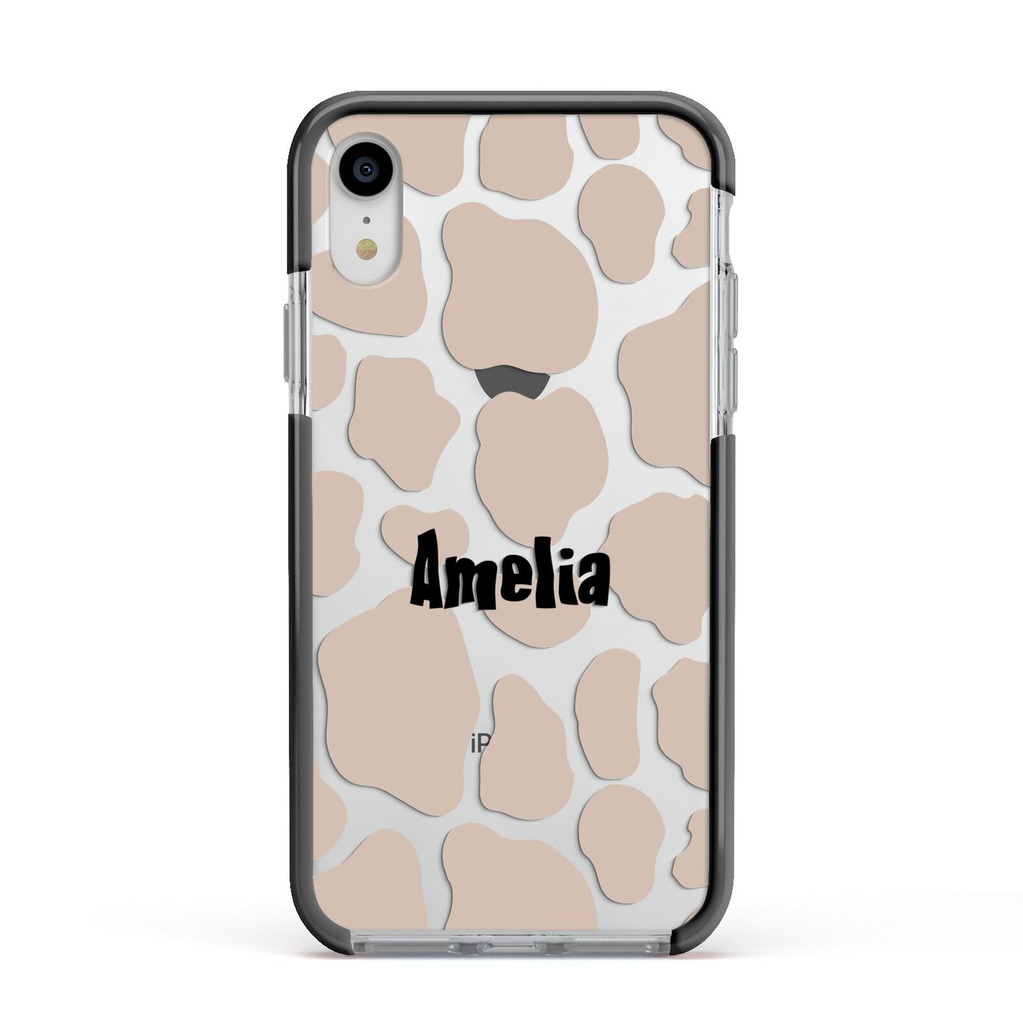 Custom Beige Cow Print Apple iPhone XR Impact Case Black Edge on Silver Phone