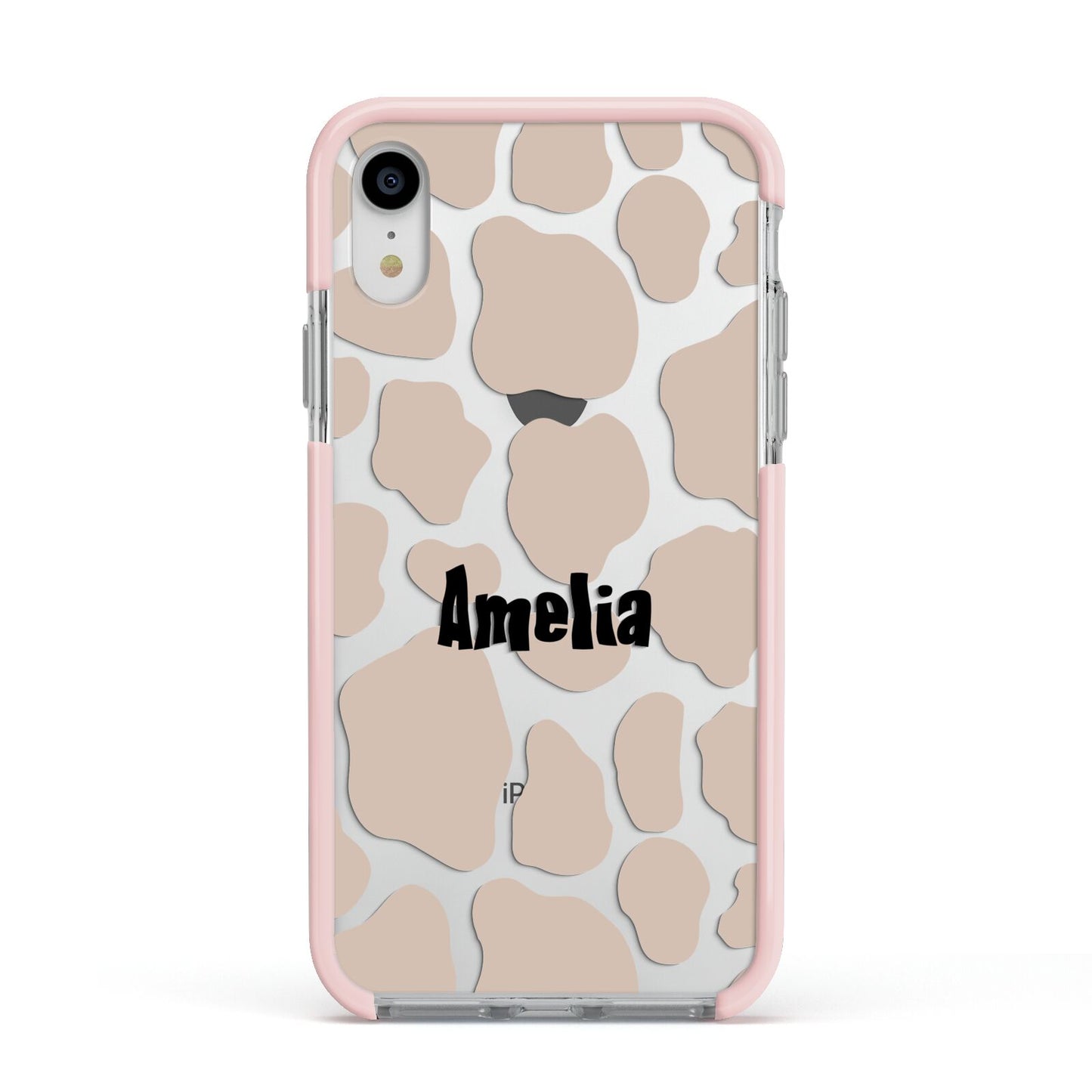 Custom Beige Cow Print Apple iPhone XR Impact Case Pink Edge on Silver Phone