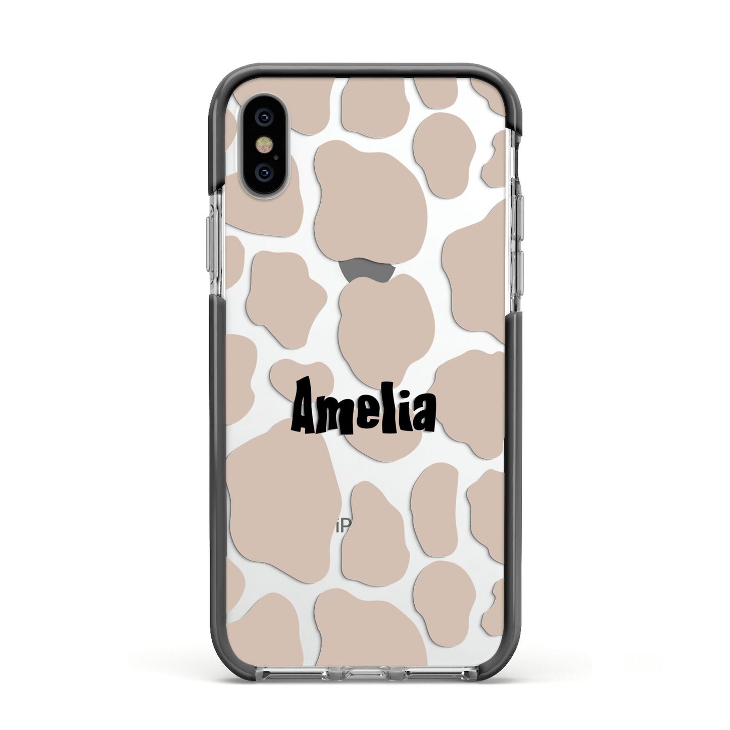 Custom Beige Cow Print Apple iPhone Xs Impact Case Black Edge on Silver Phone