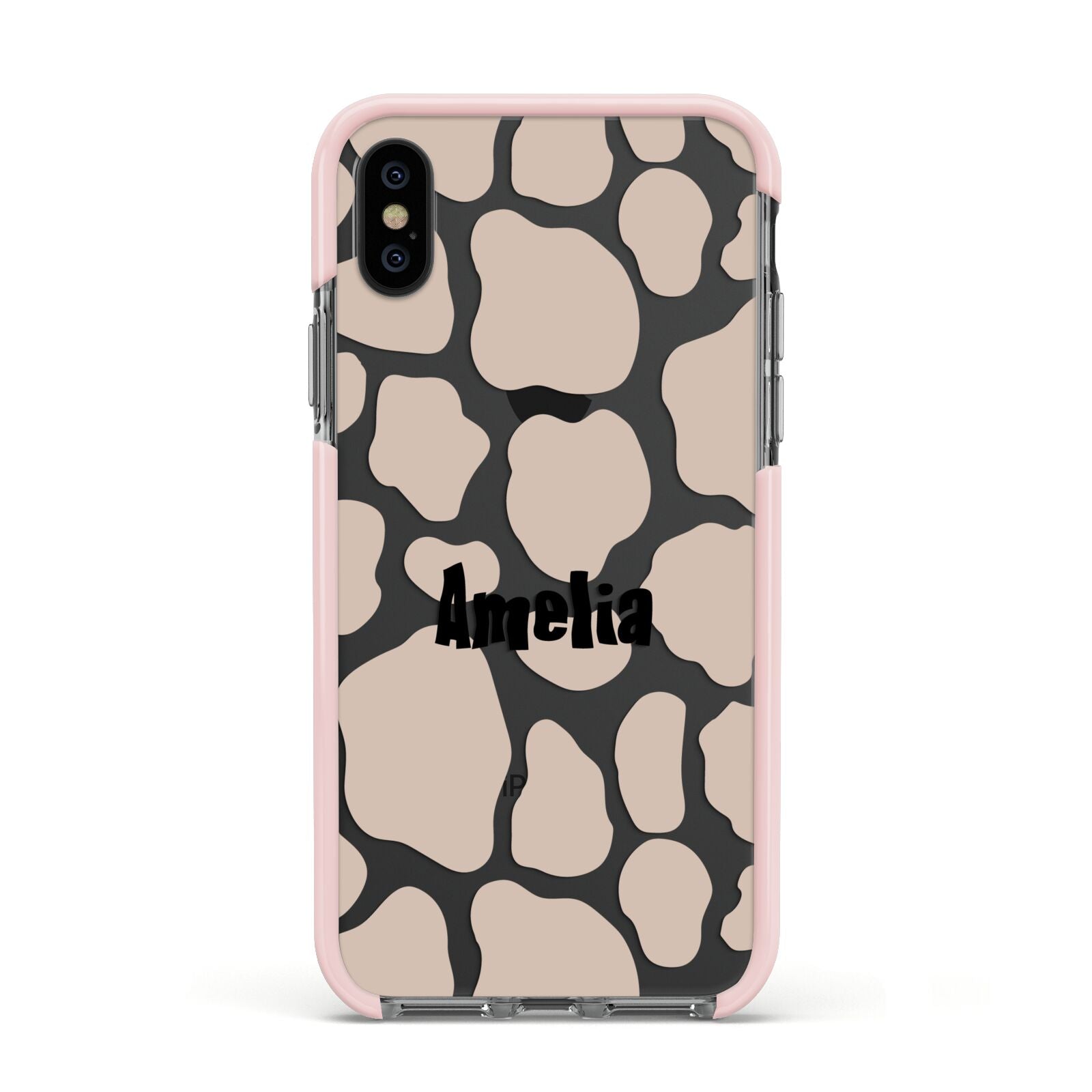 Custom Beige Cow Print Apple iPhone Xs Impact Case Pink Edge on Black Phone