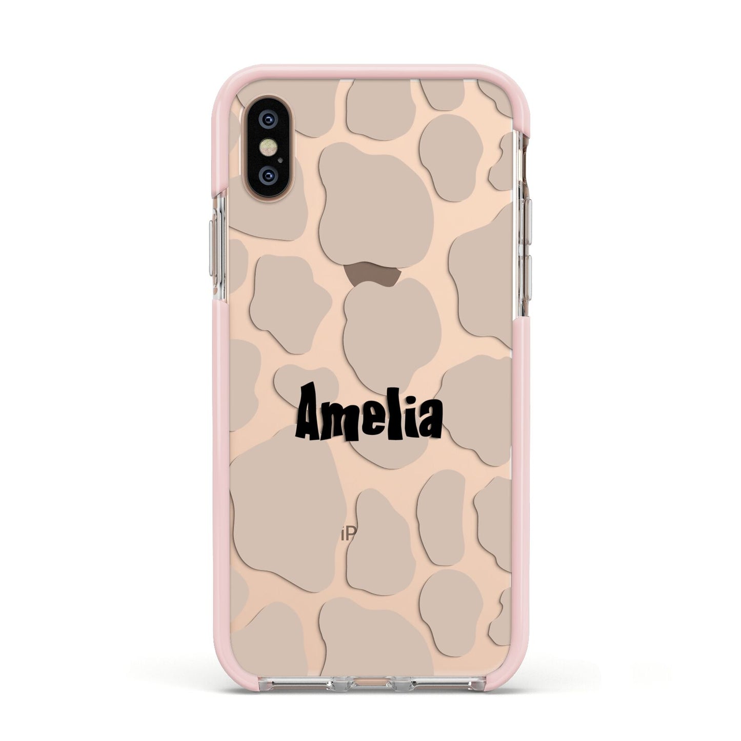 Custom Beige Cow Print Apple iPhone Xs Impact Case Pink Edge on Gold Phone