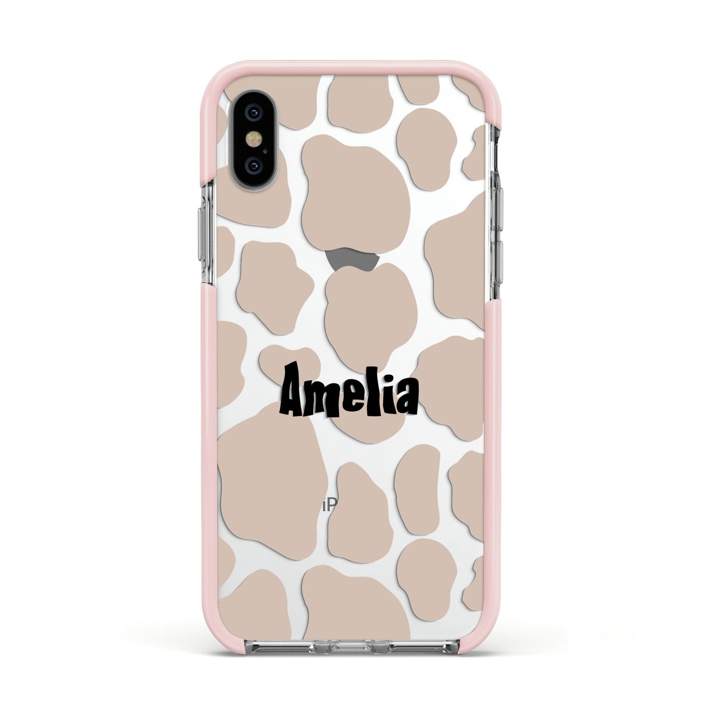 Custom Beige Cow Print Apple iPhone Xs Impact Case Pink Edge on Silver Phone