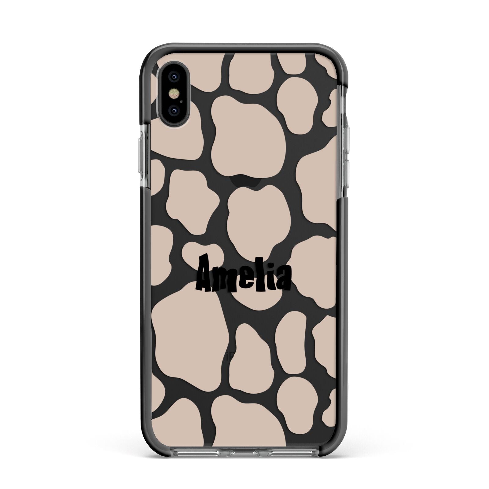 Custom Beige Cow Print Apple iPhone Xs Max Impact Case Black Edge on Black Phone