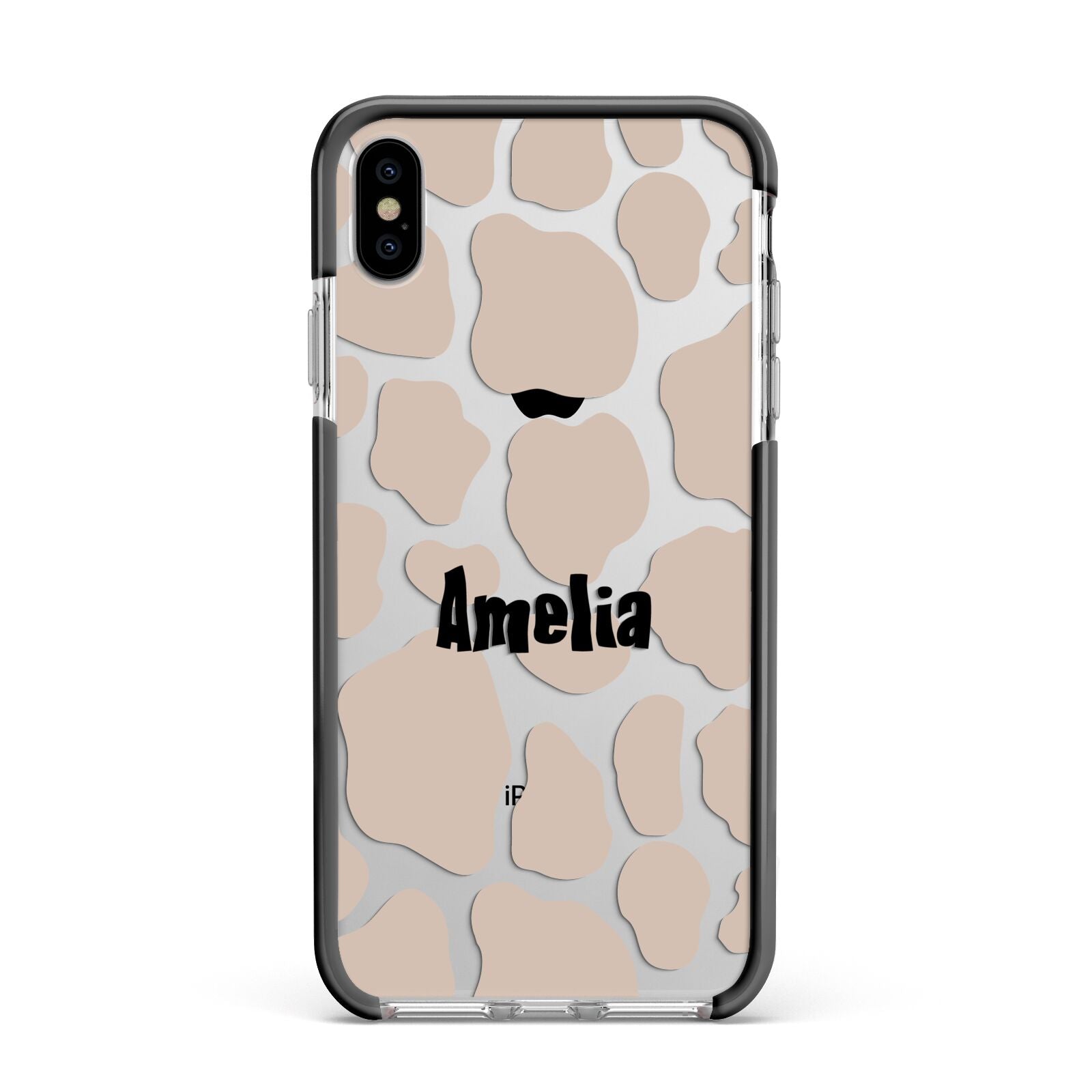 Custom Beige Cow Print Apple iPhone Xs Max Impact Case Black Edge on Silver Phone