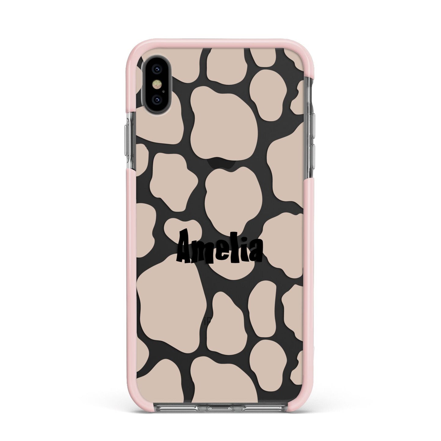 Custom Beige Cow Print Apple iPhone Xs Max Impact Case Pink Edge on Black Phone