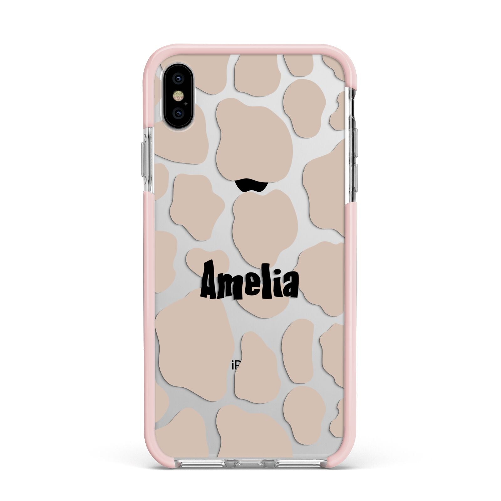 Custom Beige Cow Print Apple iPhone Xs Max Impact Case Pink Edge on Silver Phone