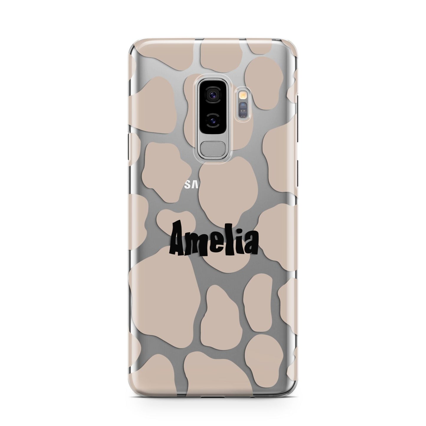 Custom Beige Cow Print Samsung Galaxy S9 Plus Case on Silver phone