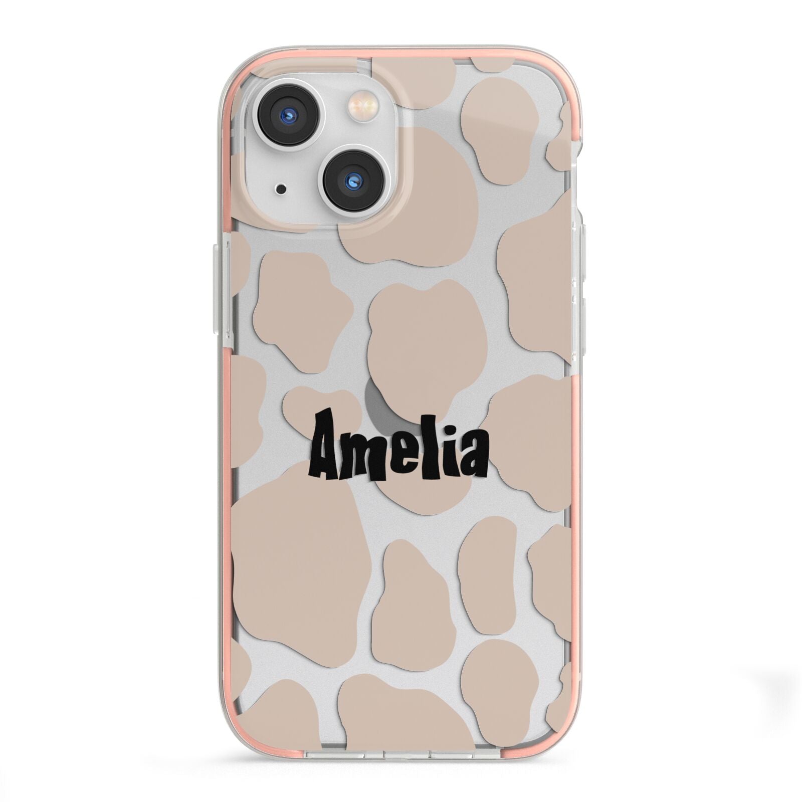 Custom Beige Cow Print iPhone 13 Mini TPU Impact Case with Pink Edges