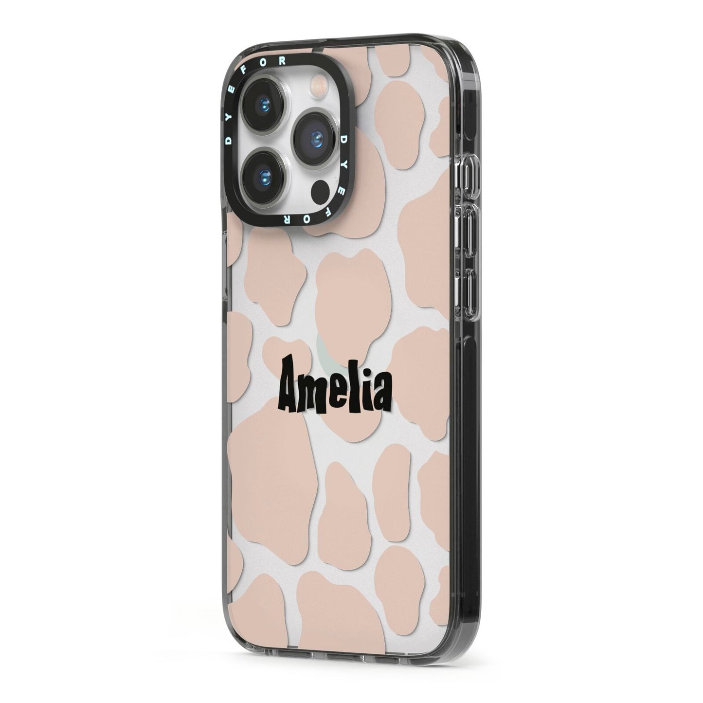 Custom Beige Cow Print iPhone 13 Pro Black Impact Case Side Angle on Silver phone