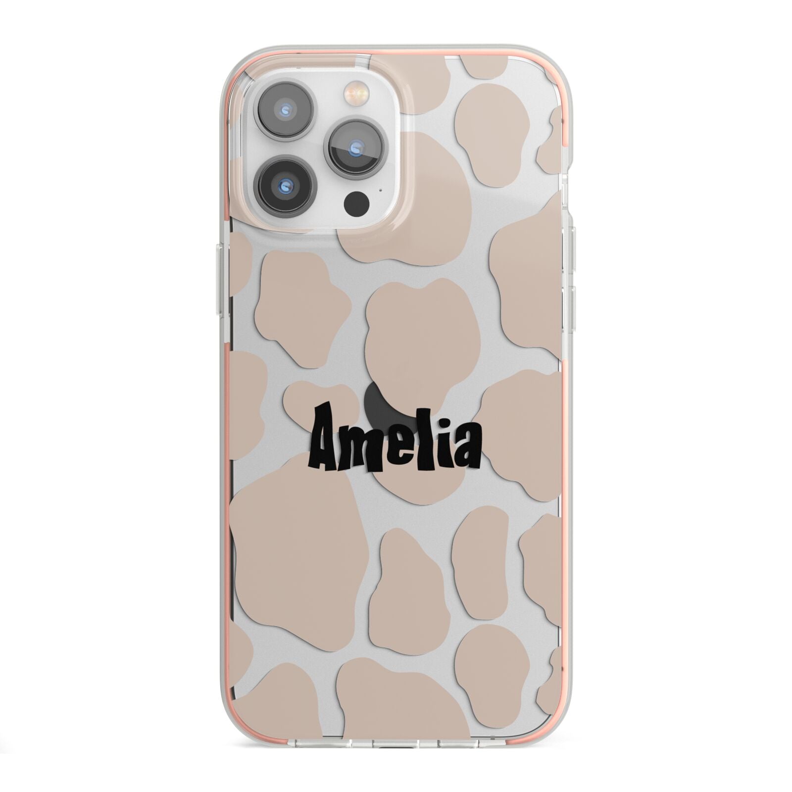 Custom Beige Cow Print iPhone 13 Pro Max TPU Impact Case with Pink Edges