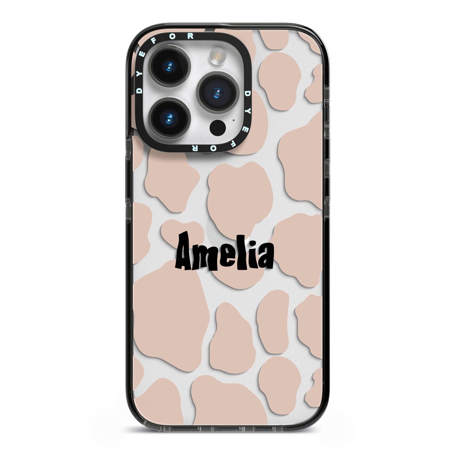 Custom Beige Cow Print iPhone 14 Pro Black Impact Case on Silver phone