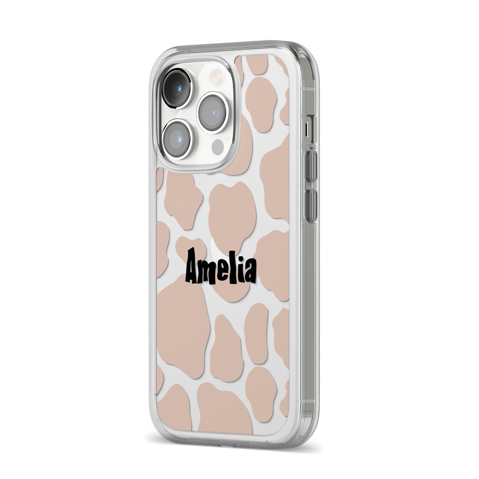 Custom Beige Cow Print iPhone 14 Pro Clear Tough Case Silver Angled Image