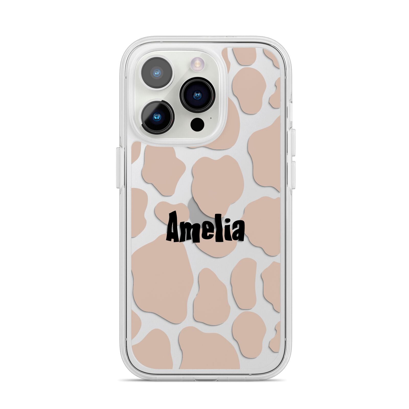 Custom Beige Cow Print iPhone 14 Pro Clear Tough Case Silver