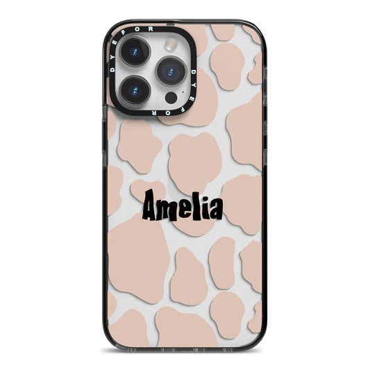 Custom Beige Cow Print iPhone 14 Pro Max Black Impact Case on Silver phone