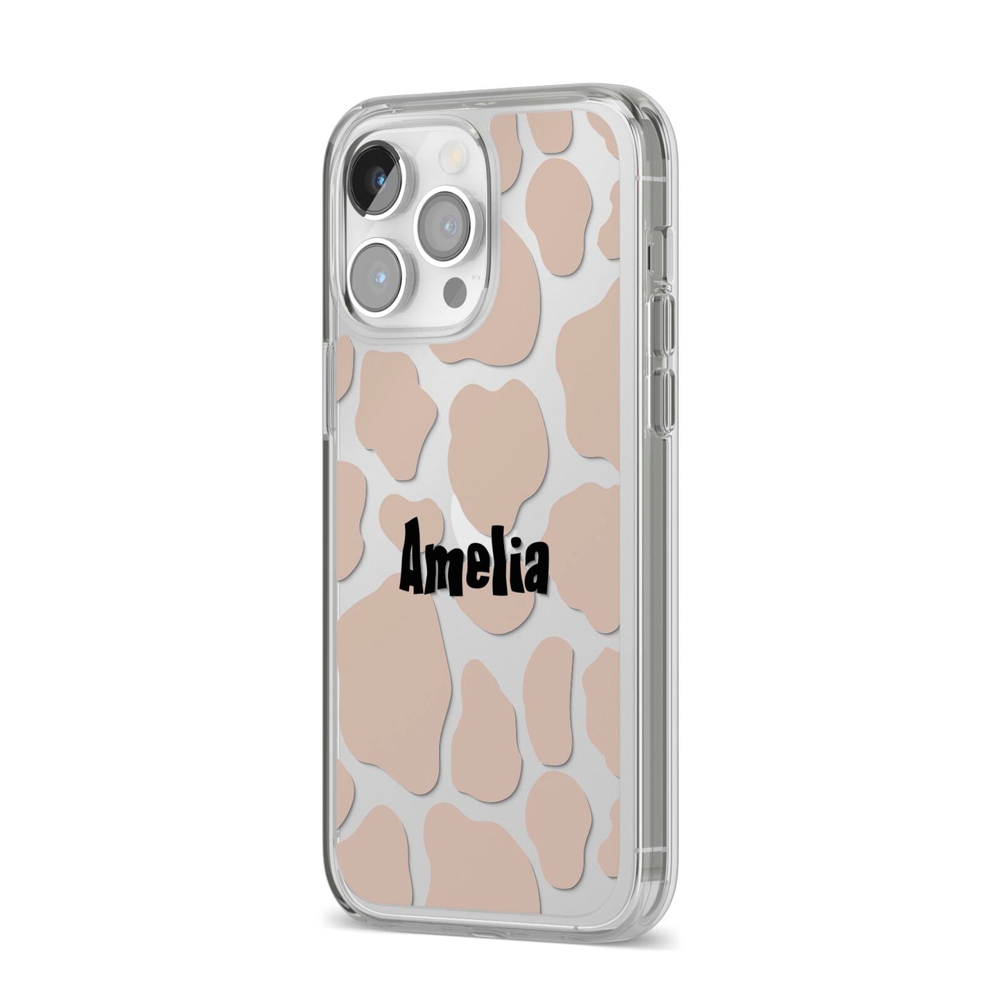 Custom Beige Cow Print iPhone 14 Pro Max Clear Tough Case Silver Angled Image