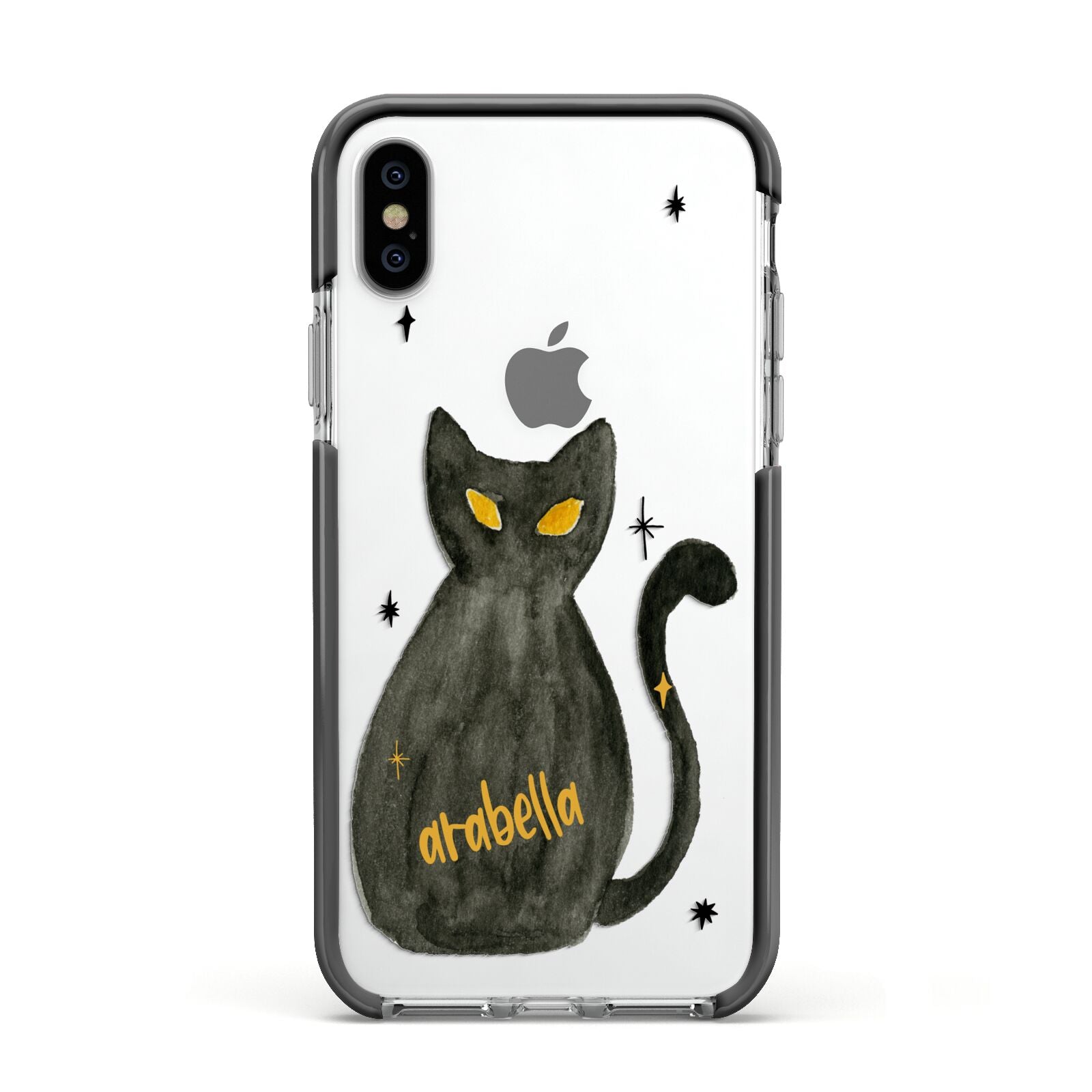 Custom Black Cat Apple iPhone Xs Impact Case Black Edge on Silver Phone