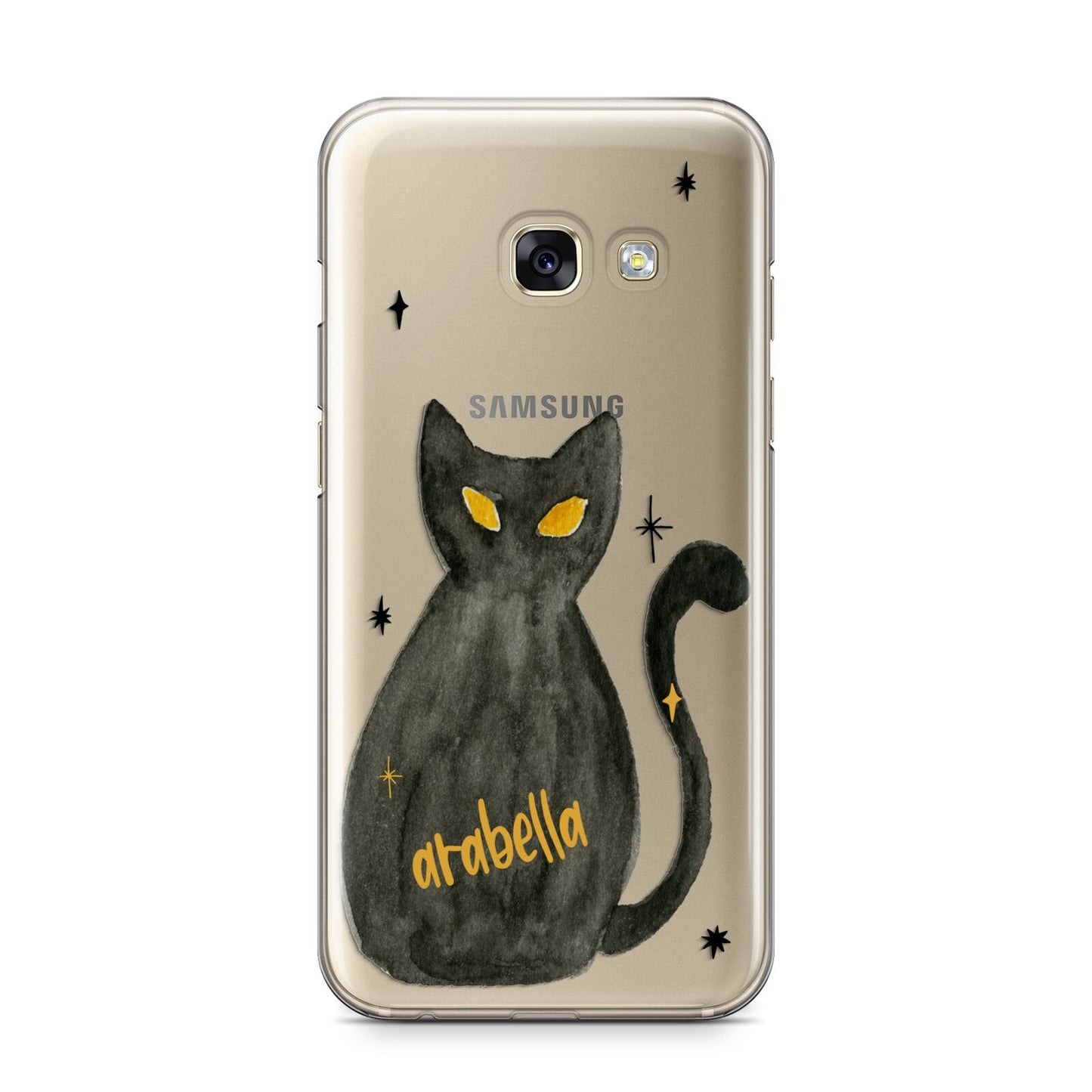 Custom Black Cat Samsung Galaxy A3 2017 Case on gold phone