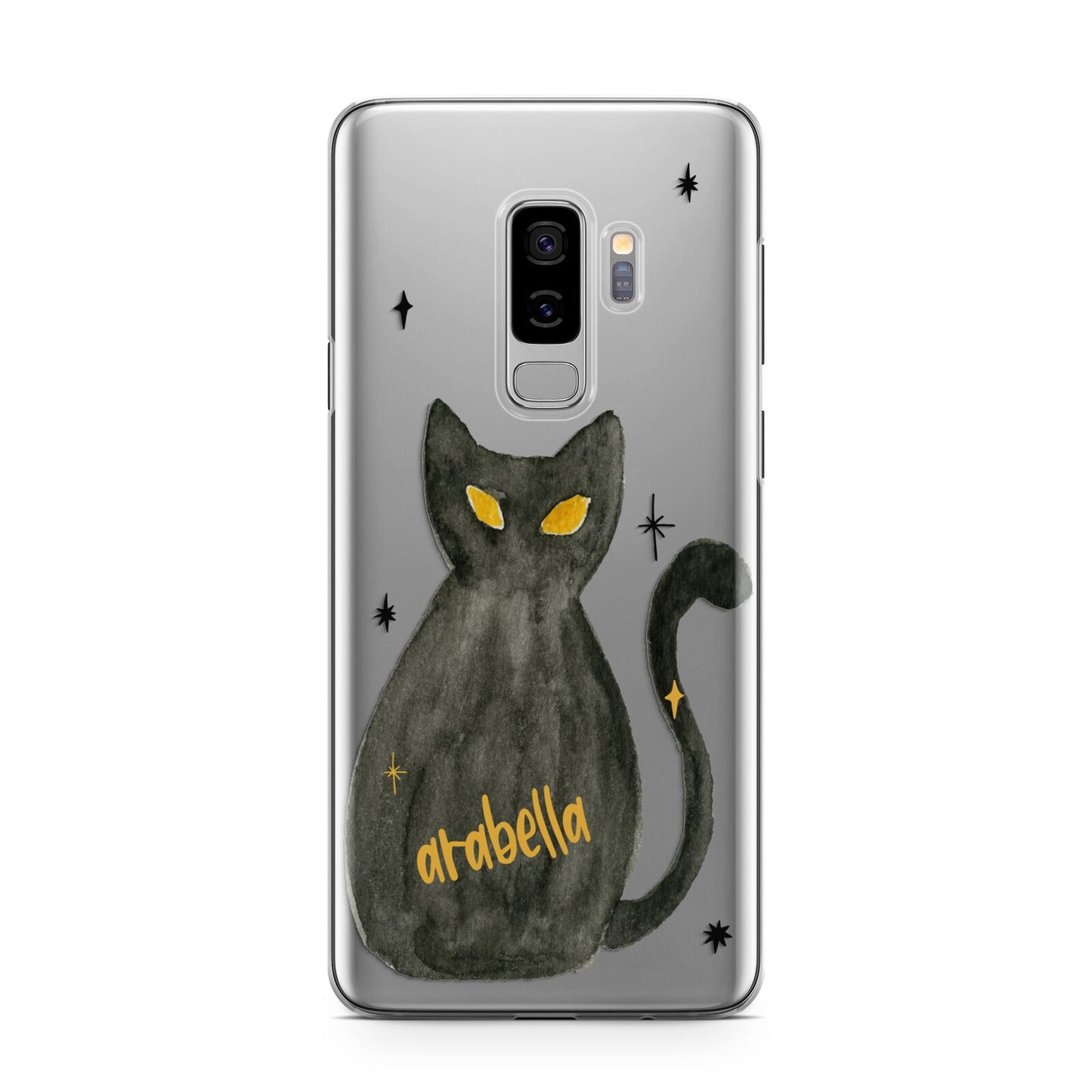 Custom Black Cat Samsung Galaxy S9 Plus Case on Silver phone