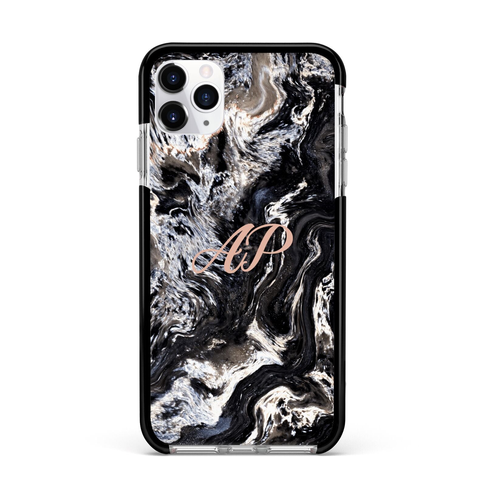 Custom Black Swirl Marble Apple iPhone 11 Pro Max in Silver with Black Impact Case