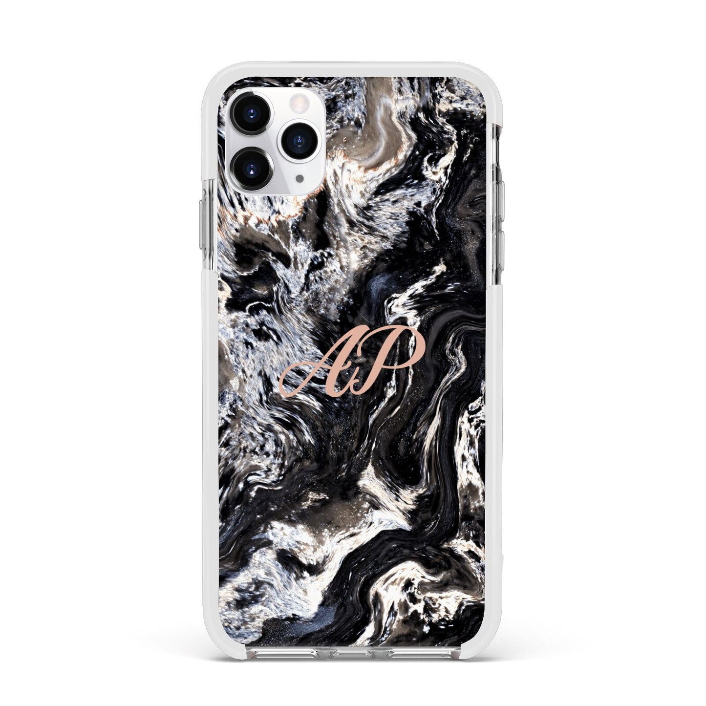 Custom Black Swirl Marble Apple iPhone 11 Pro Max in Silver with White Impact Case