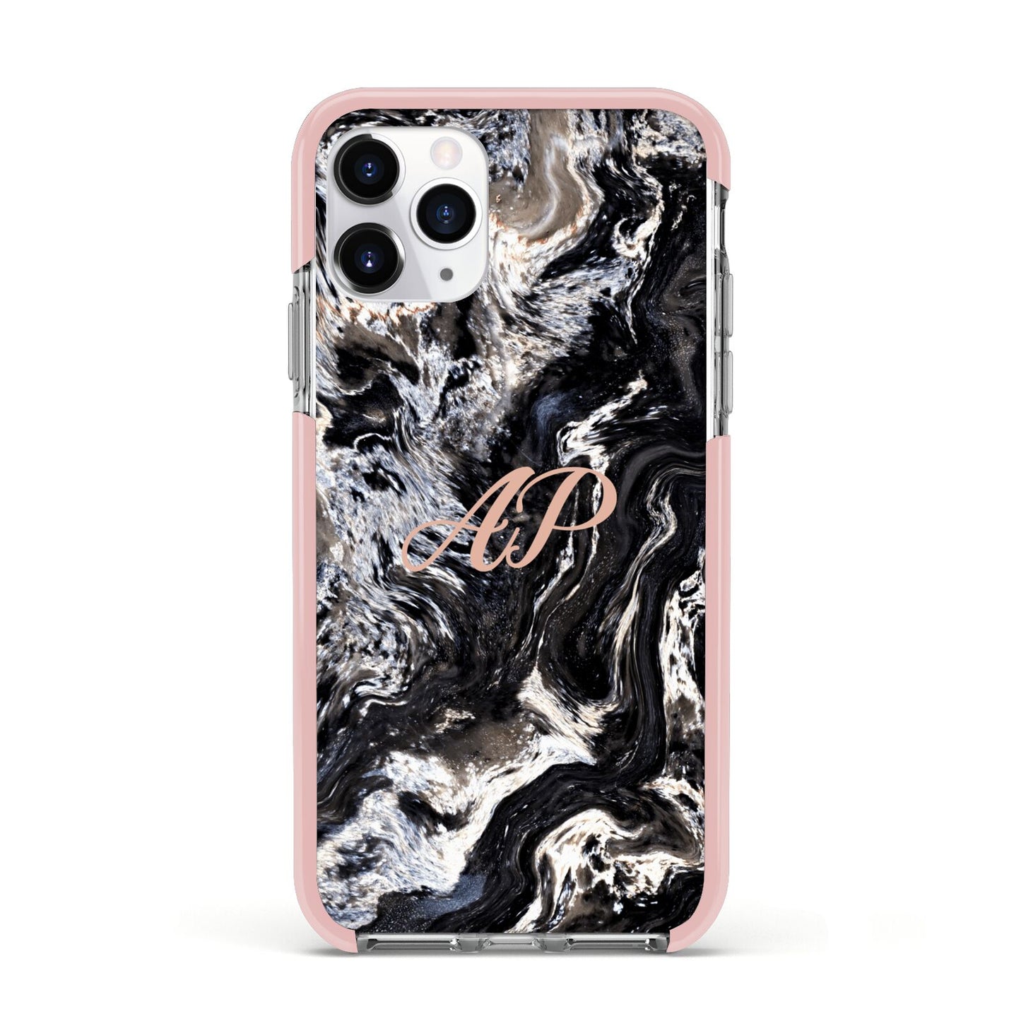 Custom Black Swirl Marble Apple iPhone 11 Pro in Silver with Pink Impact Case