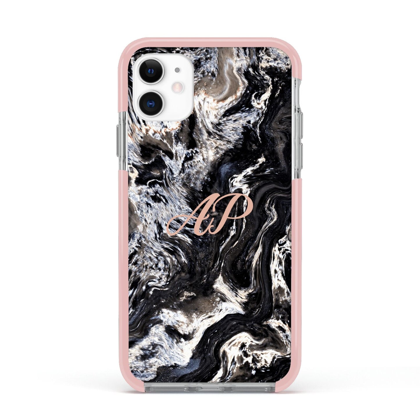 Custom Black Swirl Marble Apple iPhone 11 in White with Pink Impact Case