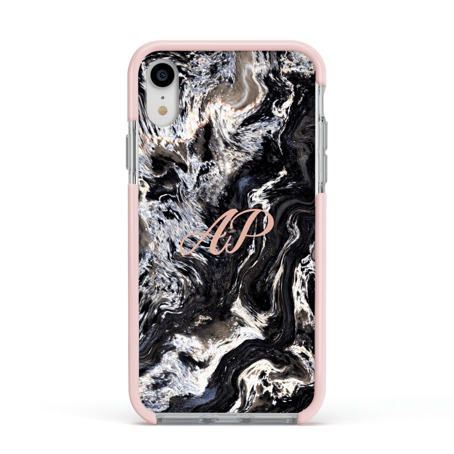 Custom Black Swirl Marble Apple iPhone XR Impact Case Pink Edge on Silver Phone