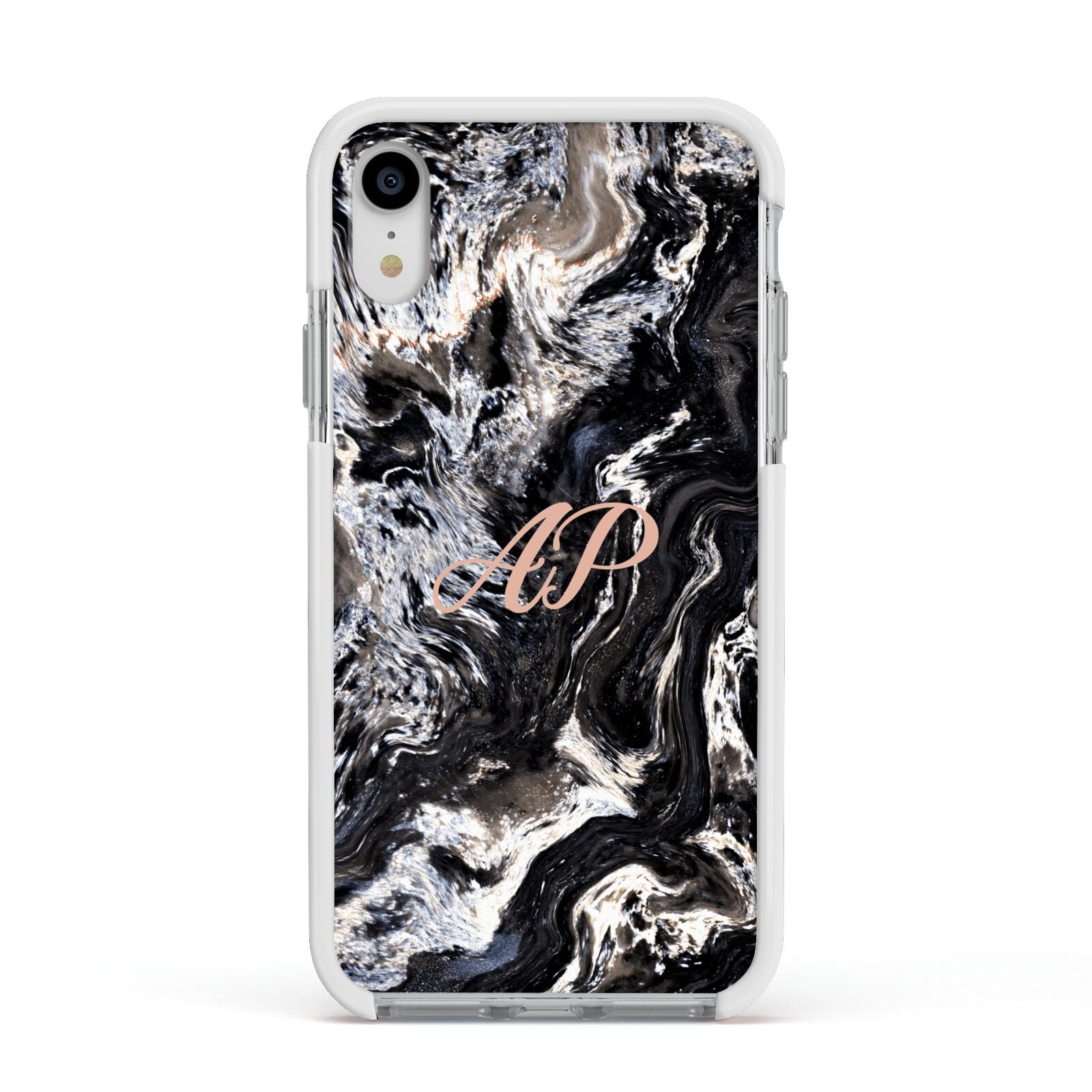 Custom Black Swirl Marble Apple iPhone XR Impact Case White Edge on Silver Phone