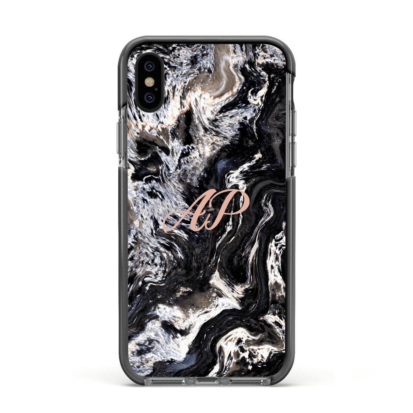 Custom Black Swirl Marble Apple iPhone Xs Impact Case Black Edge on Black Phone